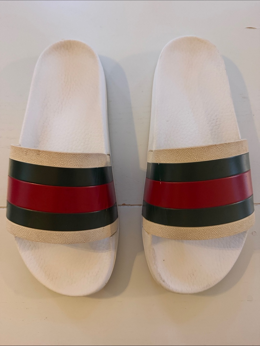 Gucci men’s rubber White Slide Sandals with Red and Dark Green Stripes